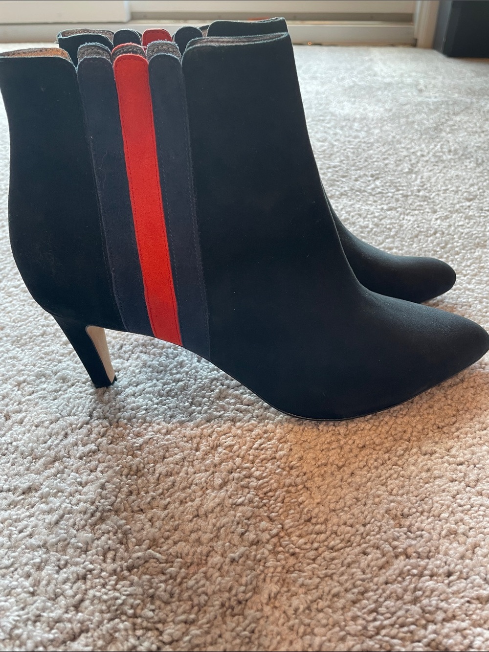 NWOT Boden Black Suede Pointed Ankle Boots with Red and Navy Accent